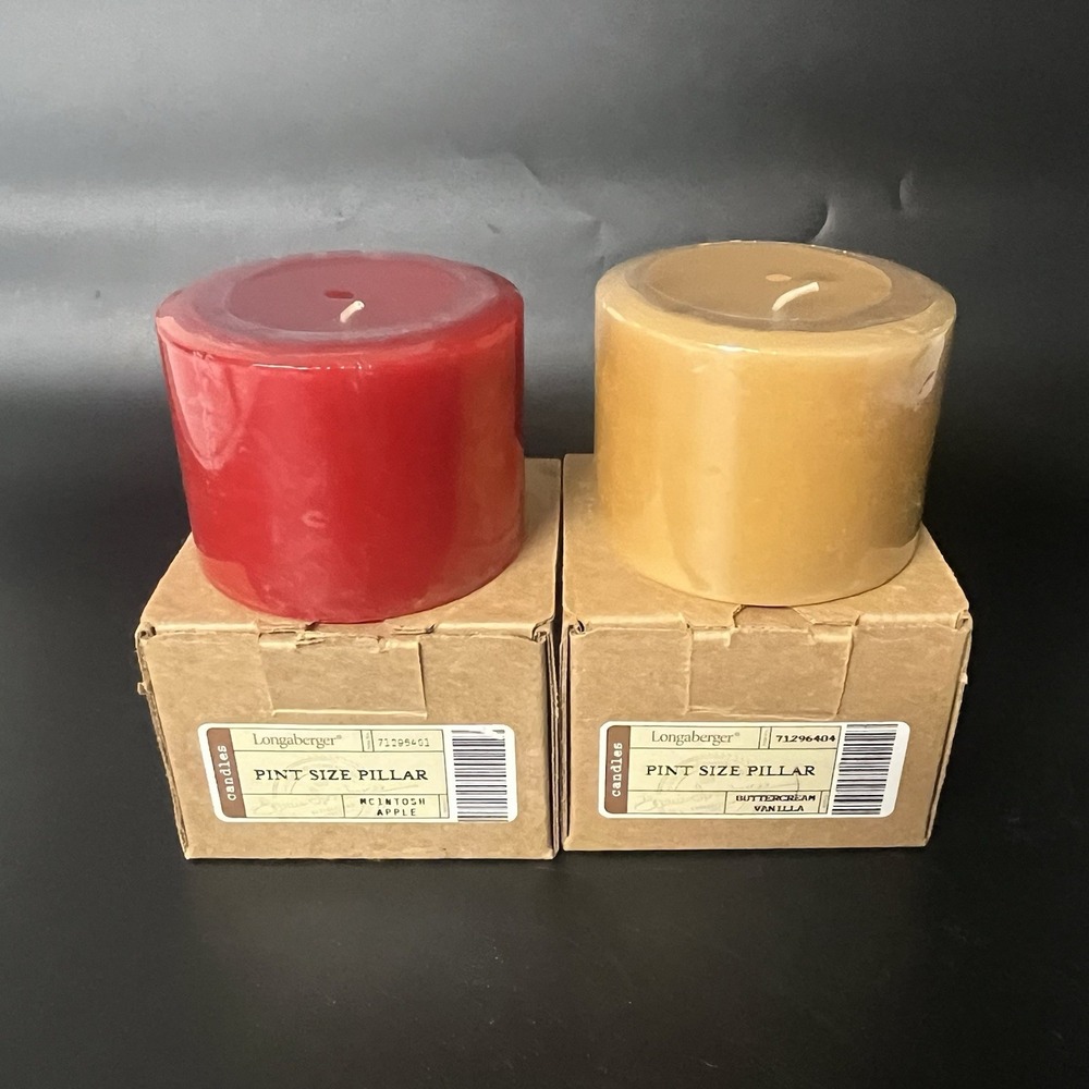Longaberger Pint Size Pillar Candles McIntosh Apple Buttercream Vanilla Set of 2